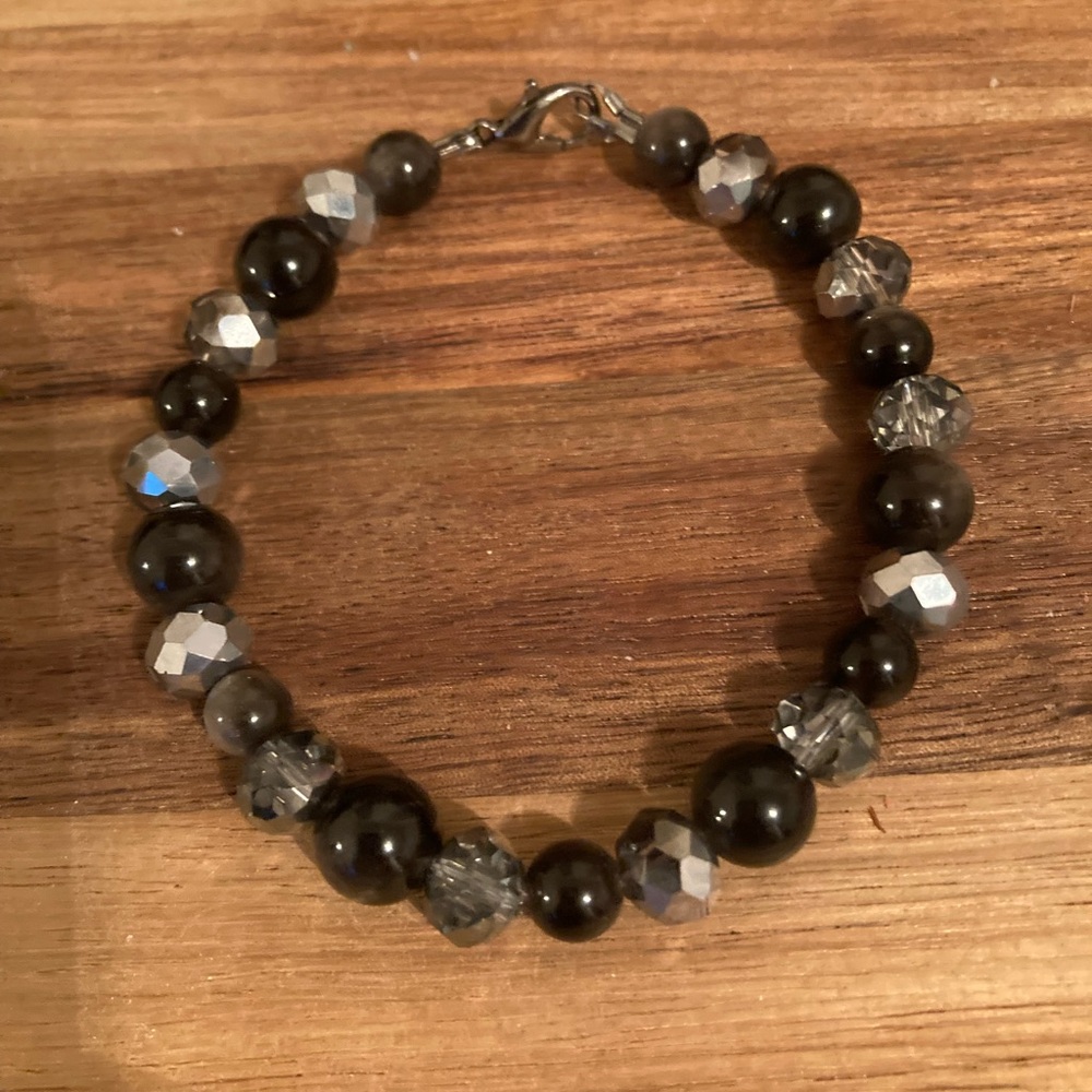 Handmade  Black and Silver Bracelet with Obsidian and Glass Beads
